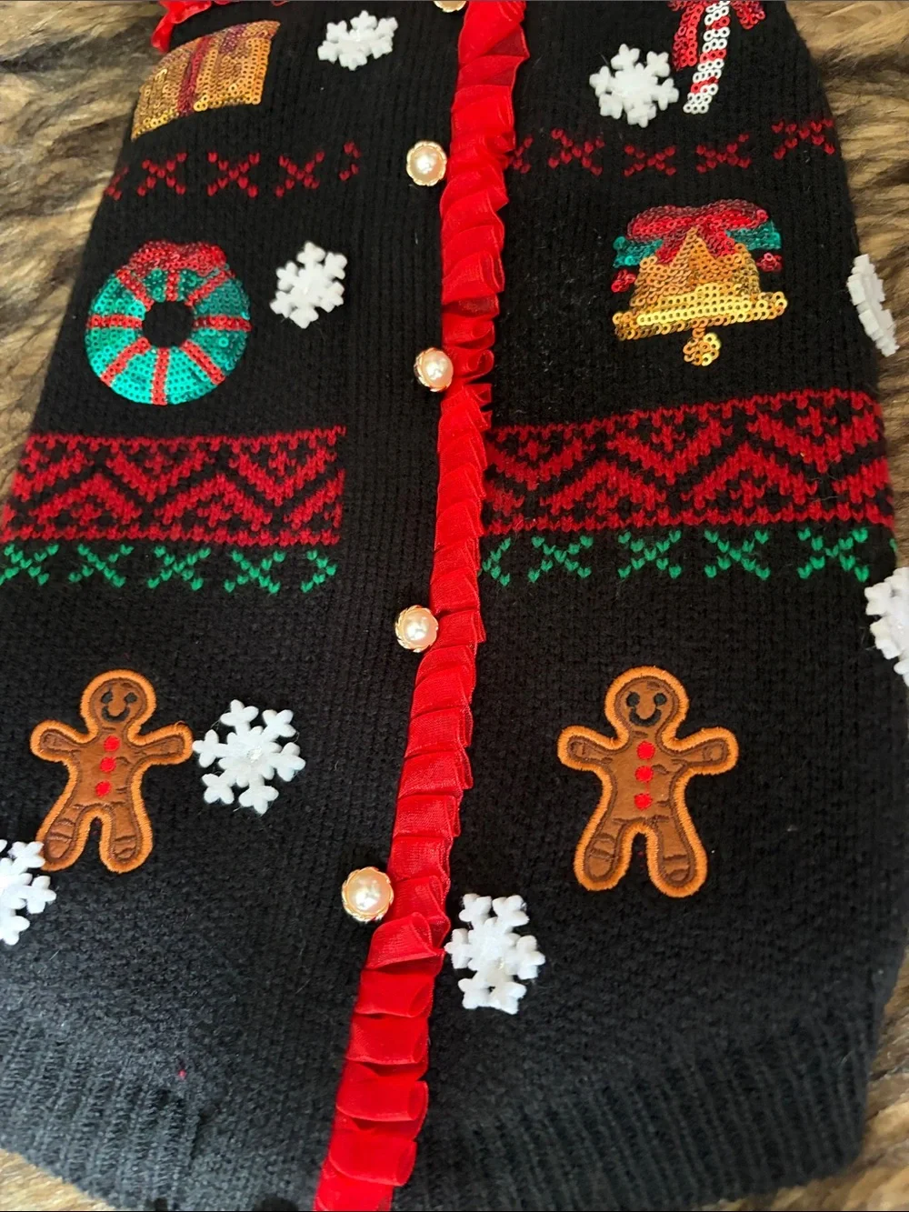 Merry & Bright Black Holiday Ugly Sweater Dog Costume With Sequins Size Medium